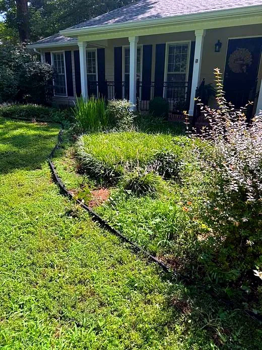 Overgrown, weedy landscape bed against a house before service