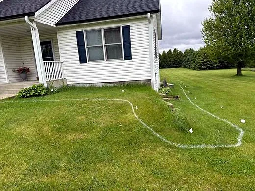 Lawn area marked out with paint before landscaping work